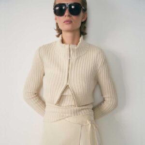 Combined ribbed sweater with zip Ecru