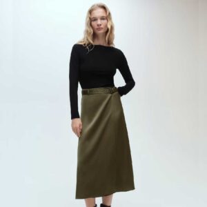 Combined woven dress with belt Khaki