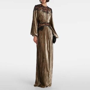 Costarellos Senna lace-trimmed plissé velvet gown