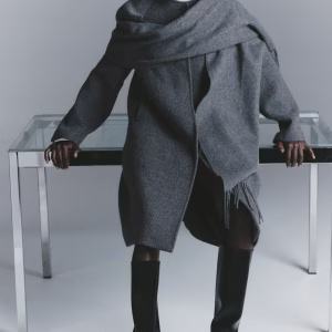 Scarf-Detail Wool-Blend Coat