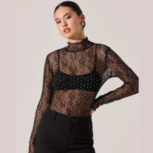 Kyra Rhinestone Lace Top Black