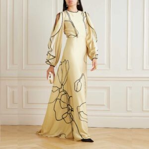 Priela ruffled cutout floral-print satin gown