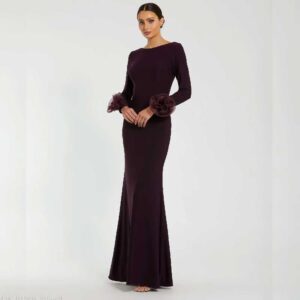 Purple Long Sleeve Fitted Jersey Gown With 3D Flowers