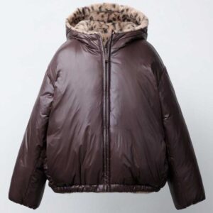 REVERSIBLE FAUX FUR ANIMAL PRINT JACKET Dark brown