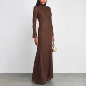 Self-Portrait Brown Mesh Rhinestone-Embellished Maxi Dress