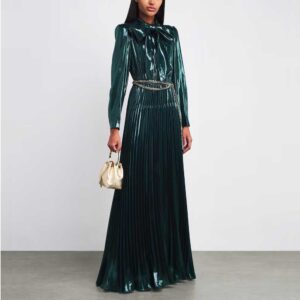 Self-Portrait Green Metallic Pussybow Maxi Dress