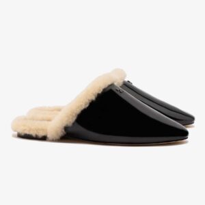 Venice Flat Mule In Black Patent Leather And Natural Shearling