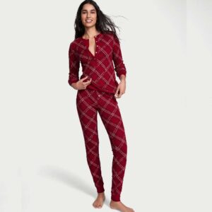 Victoria's Secret Soft Thermal Henley Long Pajama Set Red