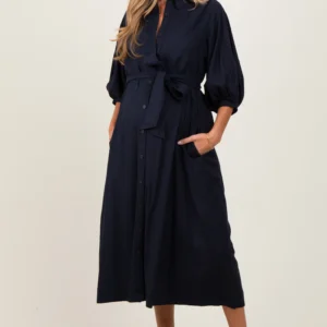 Navy 3/4 Bubble Sleeve Maternity Midi Shirt Dress