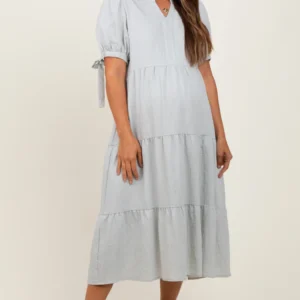 Light Blue Split V-Neck Sleeve Tie Tiered Maternity Midi Dress