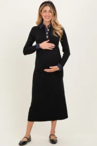 Black Denim Trim Maternity Knit Dress