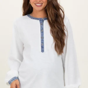 White Rib Knit Casual Maternity Henley Top