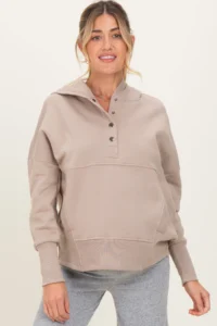 Beige Fleece Snap Button Maternity Hoodie
