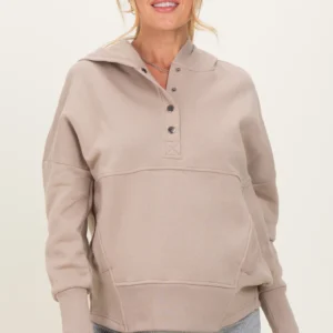 Beige Fleece Snap Button Maternity Hoodie