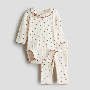 2-piece Cotton Jersey Set Light beige/hearts