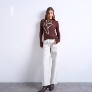 Topshop knit sheer embroidered floral top in chocolate