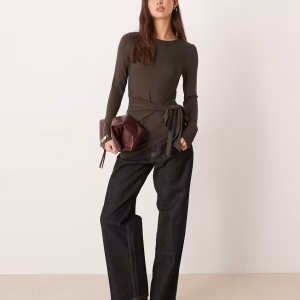 Gina Tricot long sleeve asymmetric tie detail top in dark khaki green