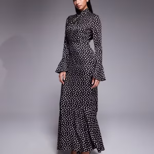 Daska satin knot detail fluted sleeve maxi dress in black polka dot