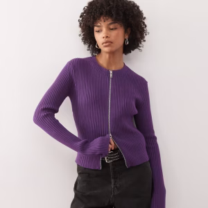 Weekday fitted zip up cardigan with sleeve zip detailing in purple