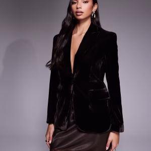 Mango Combi velvet tailored jacket in chocolate