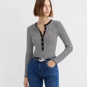 Stripe Metallic Button Henley Top