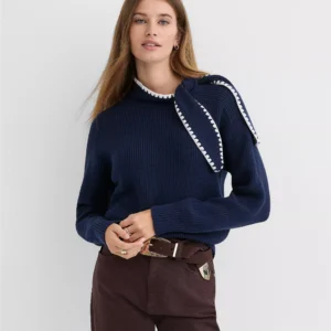 Contrast Stitched Tie Neck Sweater
