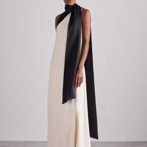 Isobel Atelier Sash-Neck Satin Occasion Dress in Black/Ivory