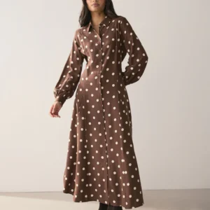 Chocolate Brown/Ecru Polka Dot Printed Long Sleeve Shirt Dress