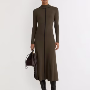 Polly Contrast-Stitch Knitted Midi Dress in Khaki Green
