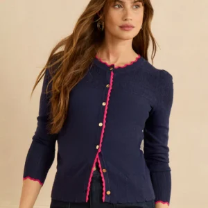 Love & Roses Navy and Pink Scallop Knitted Cardigan