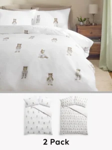 2 Pack White/Natural Bertie Bear Reversible Duvet Cover and Pillowcase Set