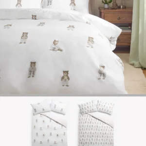 2 Pack White/Natural Bertie Bear Reversible Duvet Cover and Pillowcase Set