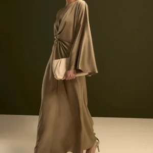 Champagne Gold Twist Front Long Sleeve Satin Maxi Dress