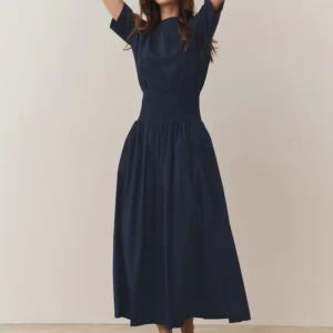 Navy Shirred Maxi Skirt