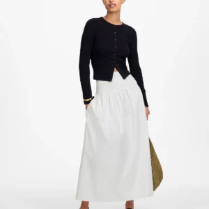 Smocked-Waist Poplin Midi Skirt