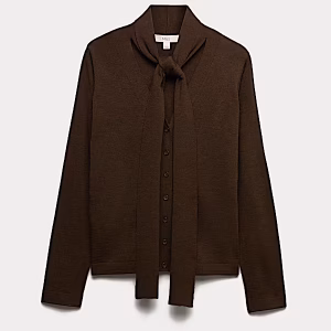 Textured Scarf Neck Button Through Cardigan with Wool