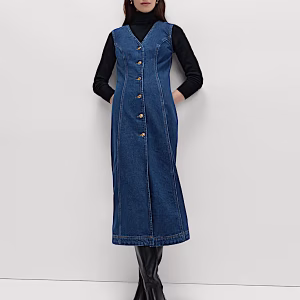 Denim V-Neck Button Through Midi Shift Dress