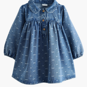 Kids' Bow Long Sleeve Denim Dress NEXT