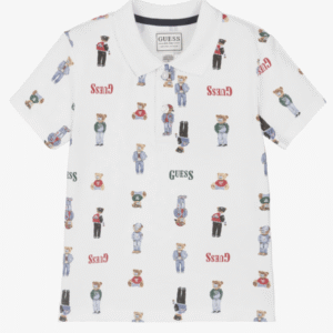 Guess Boys White Bear Print Cotton Piqué Polo Shirt
