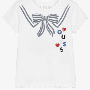 Guess Girls White Cotton Jersey T-Shirt with Glittery Bow & Logo