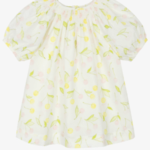 Bonpoint Girls Ivory Smocked Cotton Dress with Pink & Yellow Cherries