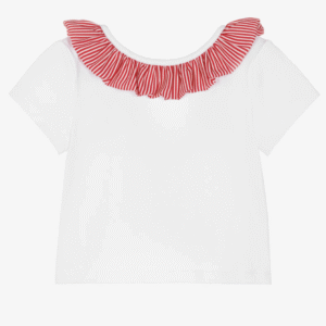 Piccola Speranza Girls White Cotton T-Shirt with Red Striped Ruffles & Bow