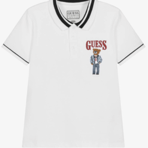 Guess Junior Boys White Cotton Piqué Embroidered Bear Polo Shirt