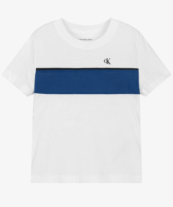 Calvin Klein Boys White Cotton T-Shirt with Blue Stripe & Monogram Logo