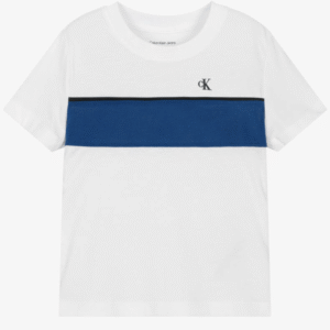 Calvin Klein Boys White Cotton T-Shirt with Blue Stripe & Monogram Logo