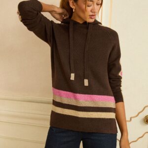 Love & Roses Chocolate Brown Multi Lurex Stripe Hooded Knit Jumper