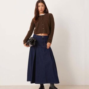 ASOS DESIGN double pleat denim midi skirt in indigo