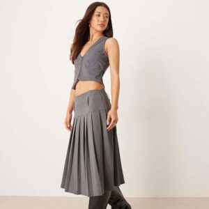 ASOS DESIGN drop waist pleated midi skirt in charcoal gray