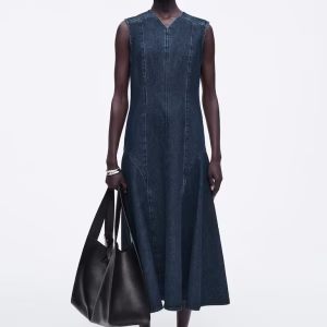 DROPPED-WAIST DENIM MIDI DRESS