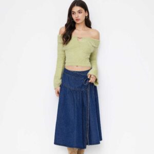 Cider Denim Mid Rise Wrap Tie Side Maxi Skirt